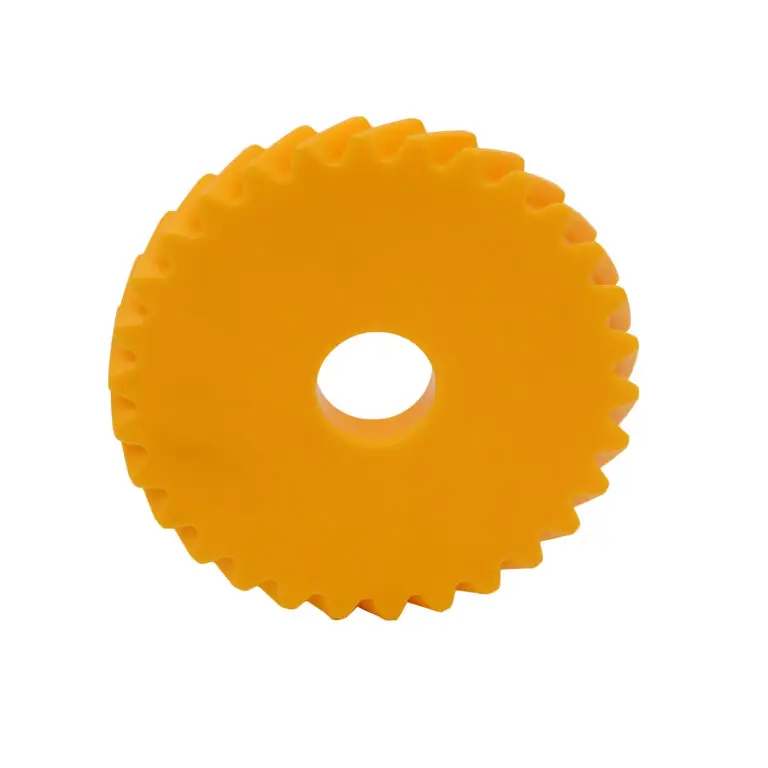 Custom CNC machined yellow nylon plastic spur gear for power transmission